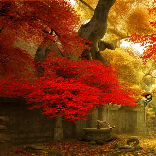 Image similar to cozy tang dynasty shrine in a maple forest during autum, red leaves, award winning fantasy concept art, high octane render, 8k resolution, high definition