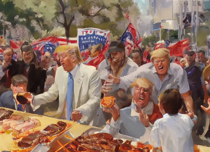 Image similar to a highly detailed beautiful portrait of a donald trump protesting against eating animals while people doing bbq, by gregory manchess, james gurney, james jean