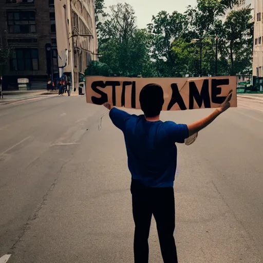 Prompt: a man holding up a sign that says stable diffusion, photograph, cinematic lighting, movie frame