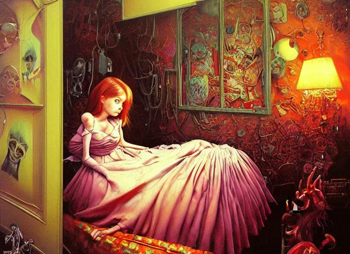 Prompt: realistic detailed image of a girl in anold soviet girlish room with a little monster hiding!!! under the bed!!! by Ayami Kojima, Amano, Karol Bak, Greg Hildebrandt, and Mark Brooks, Neo-Gothic, gothic, rich deep colors. Beksinski painting, part by Adrian Ghenie and Gerhard Richter. art by Takato Yamamoto. masterpiece. ultra details, high quality, high resolution .