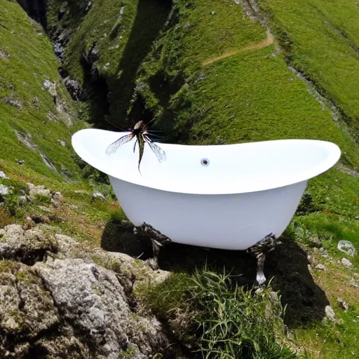 Image similar to dragonfly in a bathtub in the alps, goats!!!!!!!! in background