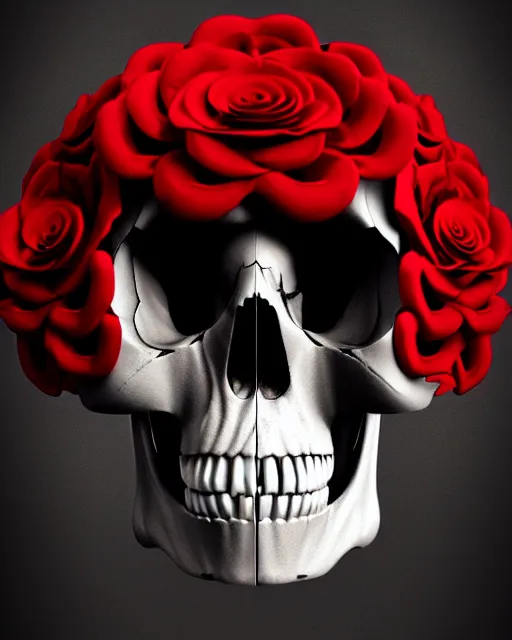 Image similar to detailed 3 d cycles render of a skull skeleton with red roses growing out of ribcage darkly elegant digital skull art by billelis and beeple