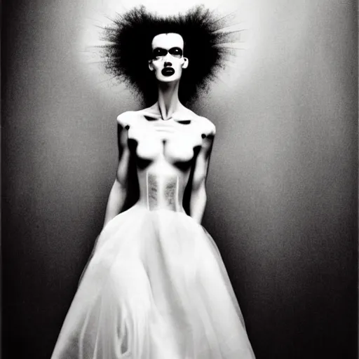 Prompt: supermodel bride of frankenstein in silent hill, steven meisel photography