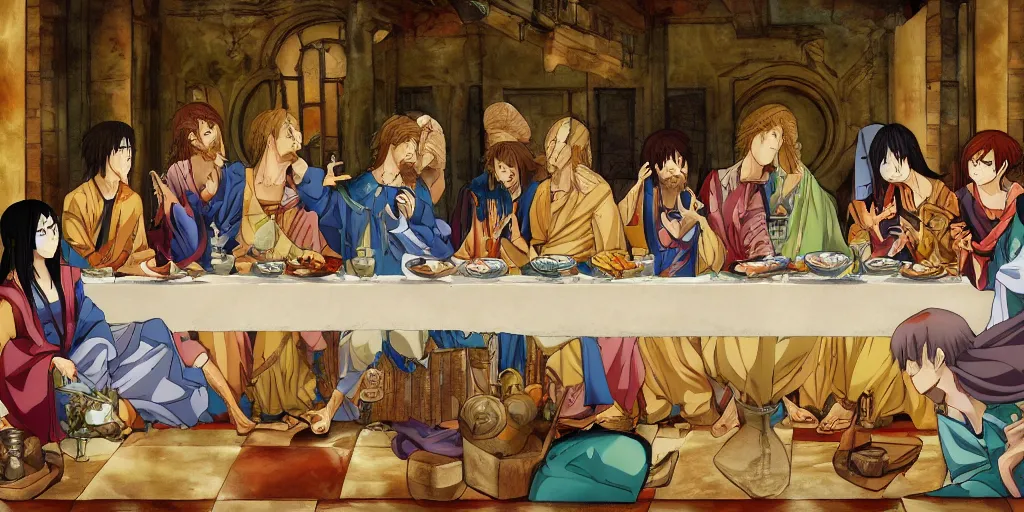 Amazoncom Hanging Poster Canvas Wall Art Painting of Anime Characters  Cartoon Role Tapestry Last Supper Layout Scene Wall Tapestry With 2 Tassels  And Wooden Hanging Rod Movie Manga For Room Decor 