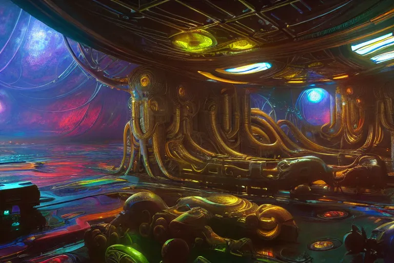 Image similar to a beautiful painting of an elaborate utopian sci - fi scene painted by hr giger and lisa frank, detailed, unreal engine, 4 k octane render, raytracing, volumetric lighting, epic, shadows,