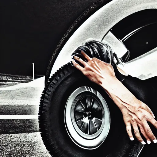 Image similar to front car, bodybuilder, woman, holding, road, photo, digital art, hands, underbody, tire, standing