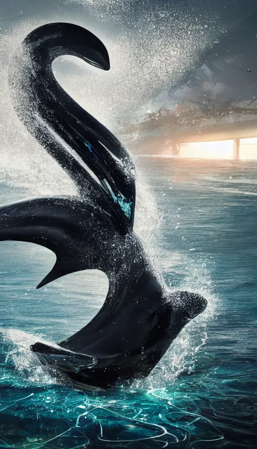 Prompt: color pentax photograph of a biomechanical orca spirit emerging from the sea, made up of bits of plastic and skin and metal, shiny, wet, made of nanomaterials, metallic, solarpunk, post apocalyptic, hyper realistic, epic angle, octane render, unreal engine render, 8k, super detailed, SLEEK!!