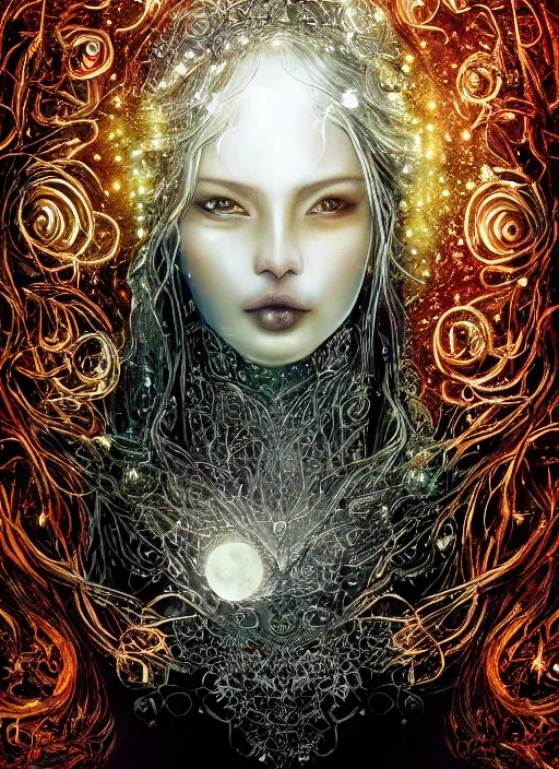 Image similar to glowing silver and golden elements, full close-up portrait, A beautiful dark witch in front of the full big moon, book cover, colorful gems, green forest, red white black colors, establishing shot, extremly high detail, foto realistic, cinematic lighting, pen and ink, intricate line drawings, by Yoshitaka Amano, Ruan Jia, Kentaro Miura, Artgerm, post processed, concept art, artstation, matte painting, style by eddie, raphael lacoste, alex ross