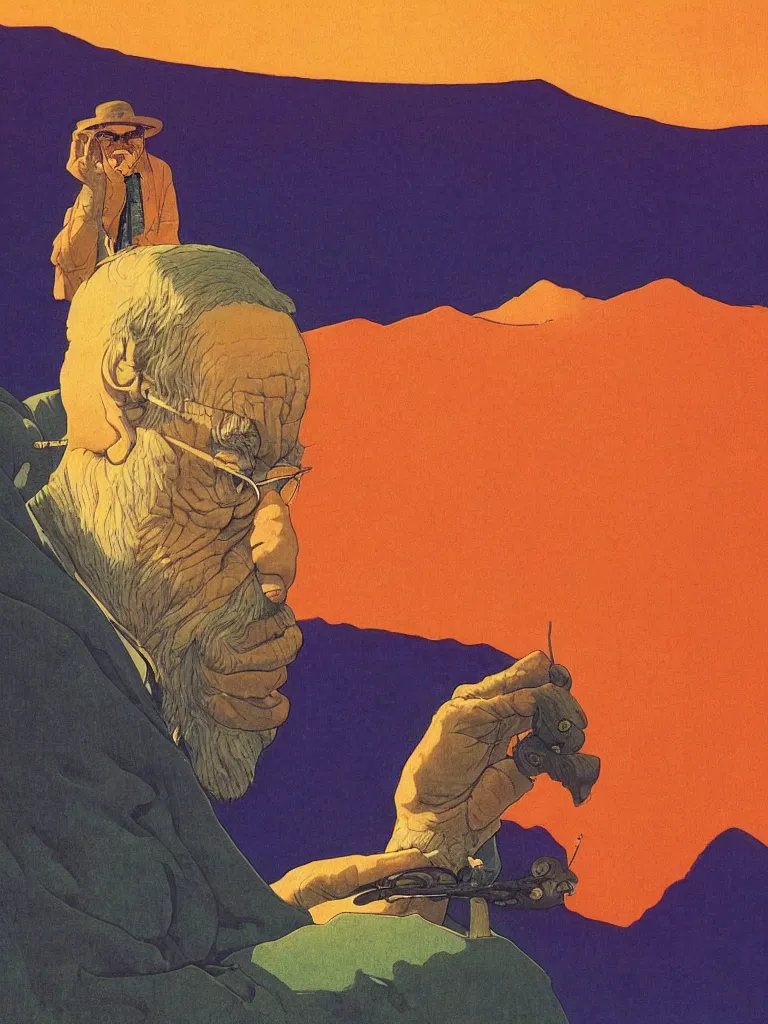 Image similar to a closeup portrait of an wise old man on mind altering drugs, lsd acid and dreaming psychedelic hallucinations in the mountains, by kawase hasui, moebius, edward hopper, colorful flat surreal design, dramatic lighting, hd, 8 k, artstation