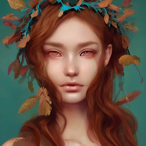 Prompt: A beautiful digital painting of a beautiful girl with teal skin and antlers made of wood, brown curly hair with autmn leaves, by Stanley Artgerm Lau, WLOP, Rossdraws, James Jean, Andrei Riabovitchev, Marc Simonetti, and Sakimichan, trending on artstation, SFW version