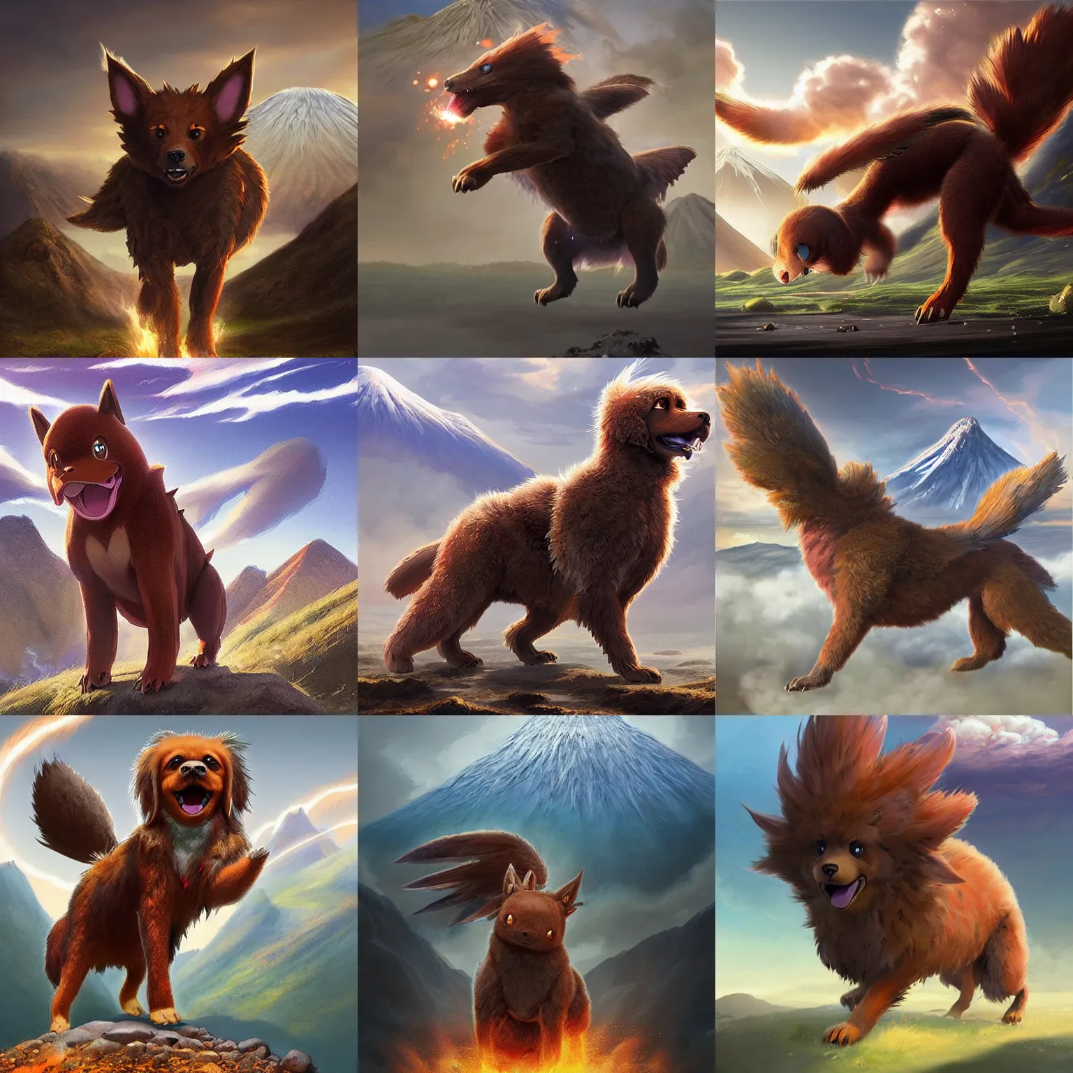 Prompt: a beautiful earth and fire type pokemon, brown dog with fluffy grey feathers, full body shot, highly detailed digital art, 3 d perspective, award - winning illustration, aesthetic, epic, smooth, pokemon style, made by greg rutkowski, with bursting volcano mountains landscape in the background