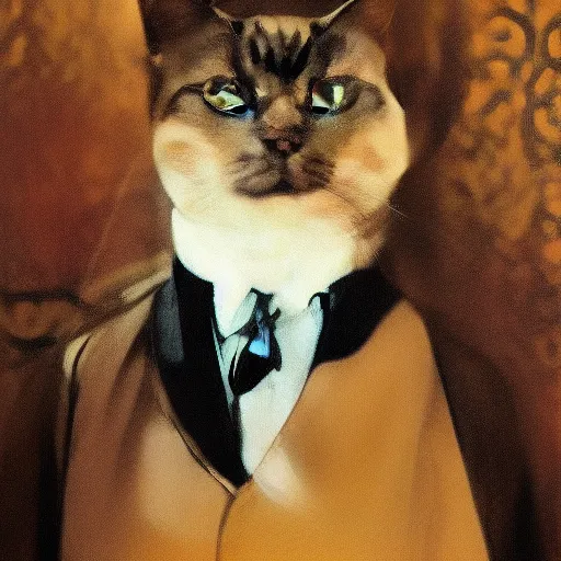 Image similar to realistic painting of a cat wearing a tuxedo, ultra long lens, 8 k, ultra, realistic, art by alphonse mucha