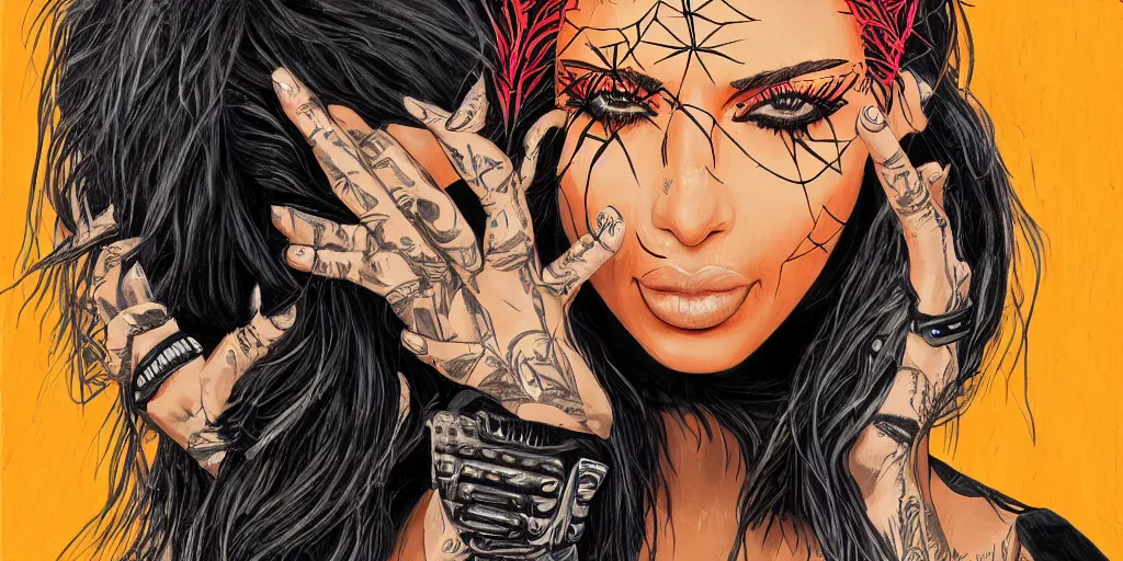 Image similar to kim kardashian on a coachella stage in the style of a slipknot album cover, minimal art style, highly detailed, intricate, digital painting, artstation, 3 5 mm film grain