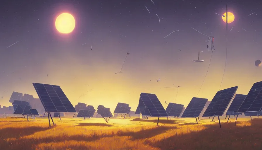 Image similar to hexagonal solar sails floating in front of sun, simon stalenhag