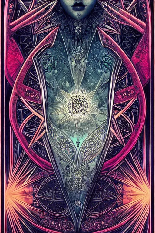 Image similar to a symmetrical tarot card by android jones, ornate border, trending on artstation