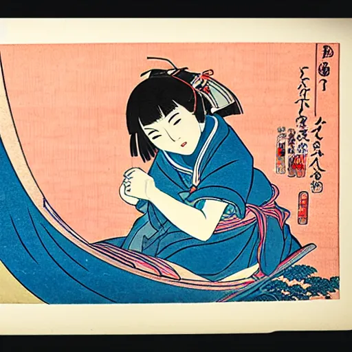 Image similar to Japanese woodblock print of real girl dora the explorer, hokusai