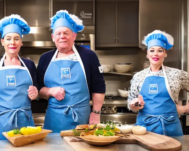 Prompt: a 8k highly detailed still photo by David Bailey of Two blue merle French Bulldogs in chef hats and aprons starring on a cooking show, a high end kitchen in the background