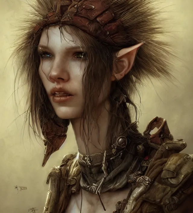 Prompt: hyper realistic portrait of postapocalyptic elf woman, cinematic, symmetrical face, dark crystal, artstation, cgsociety, alan lee, brian froud jean baptiste monge, scott radke