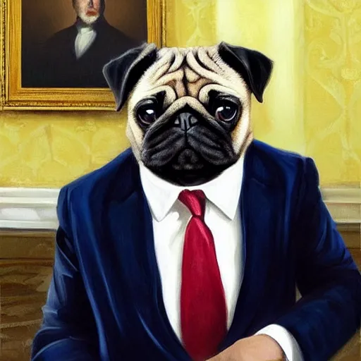 Prompt: a pug president of the usa. president of the us. in the oval. amazing painting. formal. beautiful. high resolution. highly realistic. close - up. trending on artstation