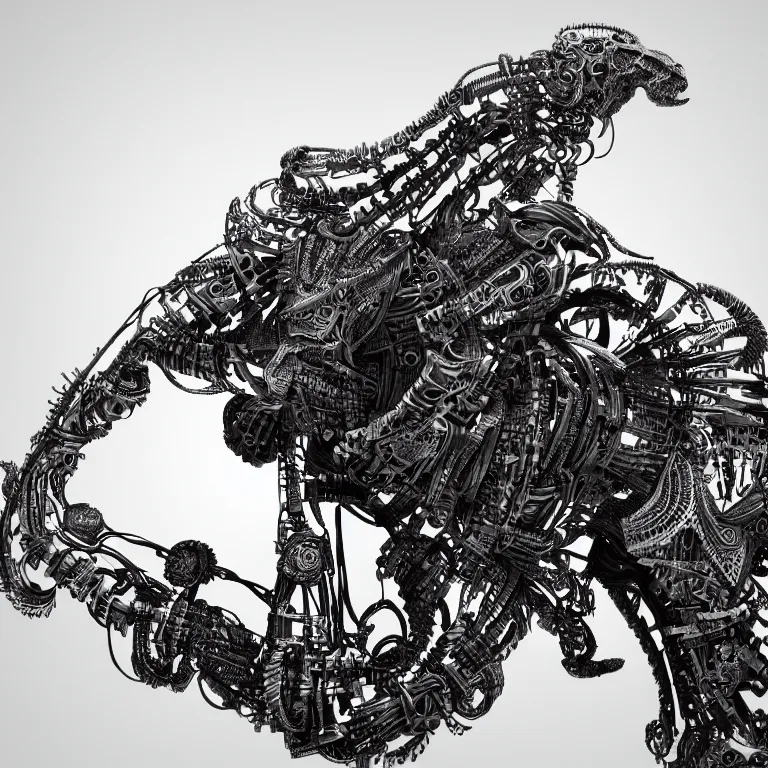 Prompt: surreal biomechanical spinal ribbed tribal exotic organic animal mechanical cyborg, beautiful detailed intricate insanely detailed BW 3D render digital art, octane render, 8K artistic photography, photorealistic