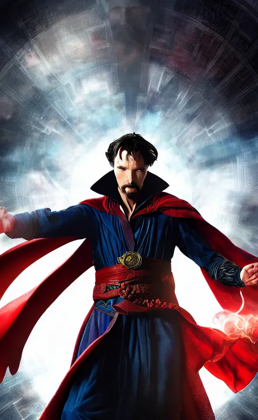 Image similar to epic doctor strange wallpaper, black and red suit, dynamic lighting, photorealistic fantasy concept art, trending on art station, stunning visuals, terrifying, creative, cinematic