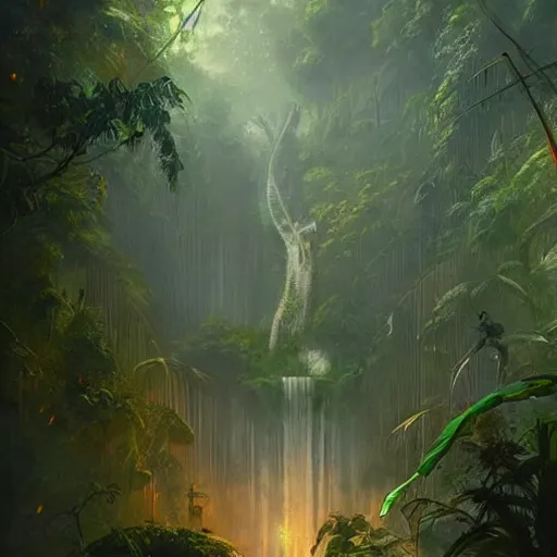 Image similar to jungle imagined by greg rutkowski under the influence of ayahuasca, trending on artstation, award - winning artwork