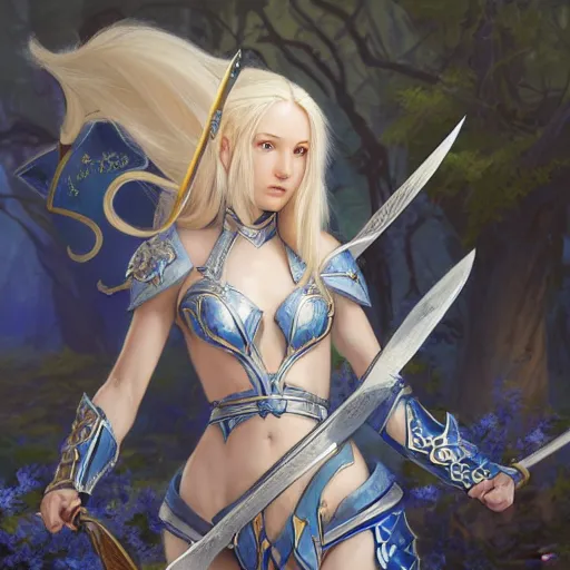 Image similar to young blonde female elf warrior in blue and white armor, surrounded by rabbit knights, epic wallpaper, high fantasy, flowers and trees, intricate detail, digital painting, artstation, concept art, smooth, sharp focus, illustration, art by greg rutkowski and wlop and raymond swanland and ross tran