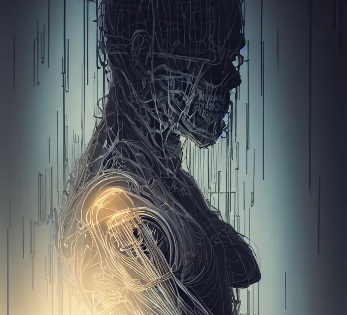 Image similar to neon skeleton jesus, noir, sharp focus, intricate, illustration, cell shaded, digital painting, highly detailed, matte, art by ilya kuvshinov, wlop, greg rutkowski, reflections, studio quality, james jean, artem demura