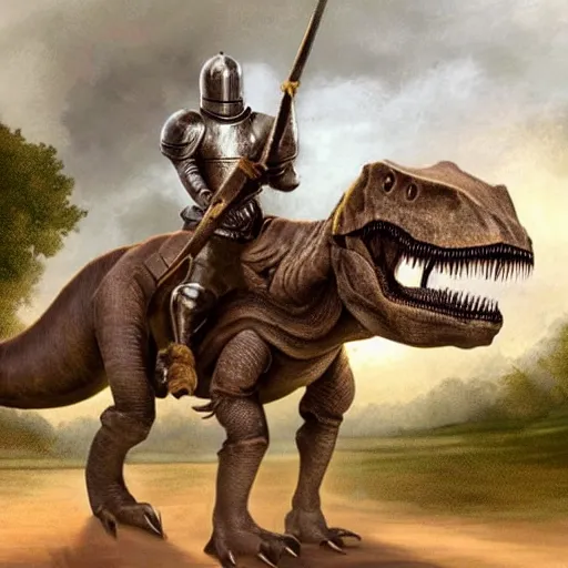 Prompt: An old photo of a knight in shining armor riding a T-Rex dinosaur to battle