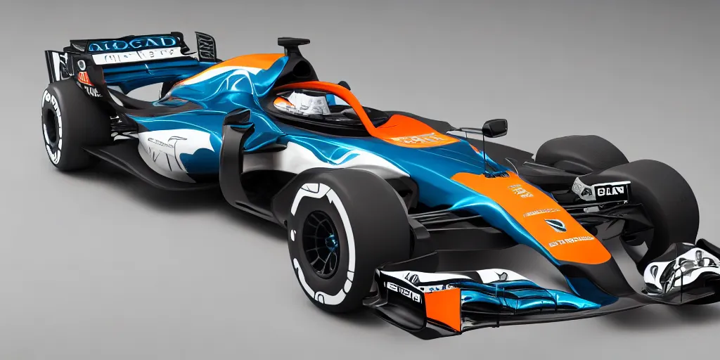 Image similar to hybrid design between McLaren MCL34 F1 car and Ford Mustang. No background, concept art style.