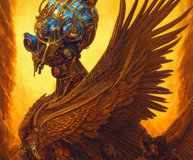 Image similar to a beautiful tarot card artwork of a cyberpunk seraphim in nature, backlit, highly detailed, golden hour, digital painting, by karol bak and justin gerard and dan mumford and artgerm, vivid colors, masterpiece, detailed shading, 8 k resolution, intricate, smooth