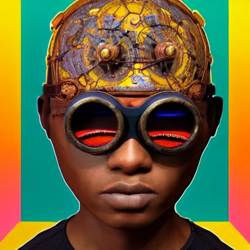 Prompt: colourful vfx portrait - art of a nigerian boy wearing steam punk goggles, art by utagawa kunisada & james jean, volumetric light, symmetrical, ray tracing, unreal engine, octane 3 d render, sharp, detailed, digital render, illustration, highly detailed, intricate detail, pinterest, behance, art station,