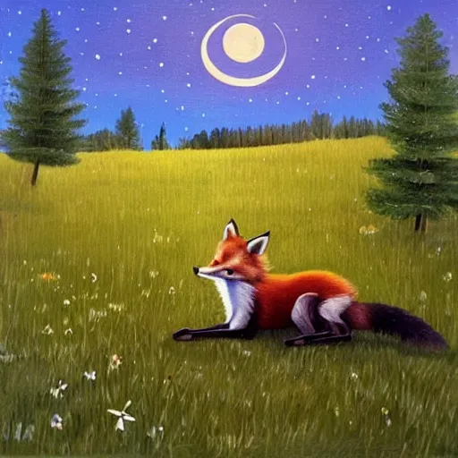 Prompt: “A fox playing the piano in a meadow in The Swedish forest during the night under the moonlight, children’s book oil painting”