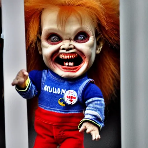 Prompt: a screaming chucky doll made of milano glass sitting in a shop in venice