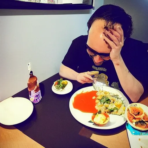 Prompt: “ twitch streamer eating food on his lunch break, award winning photography angle used to capture the savory moment, hyper realistic, LED lights in her room, room is made of 💩🇯🇵🅿️”