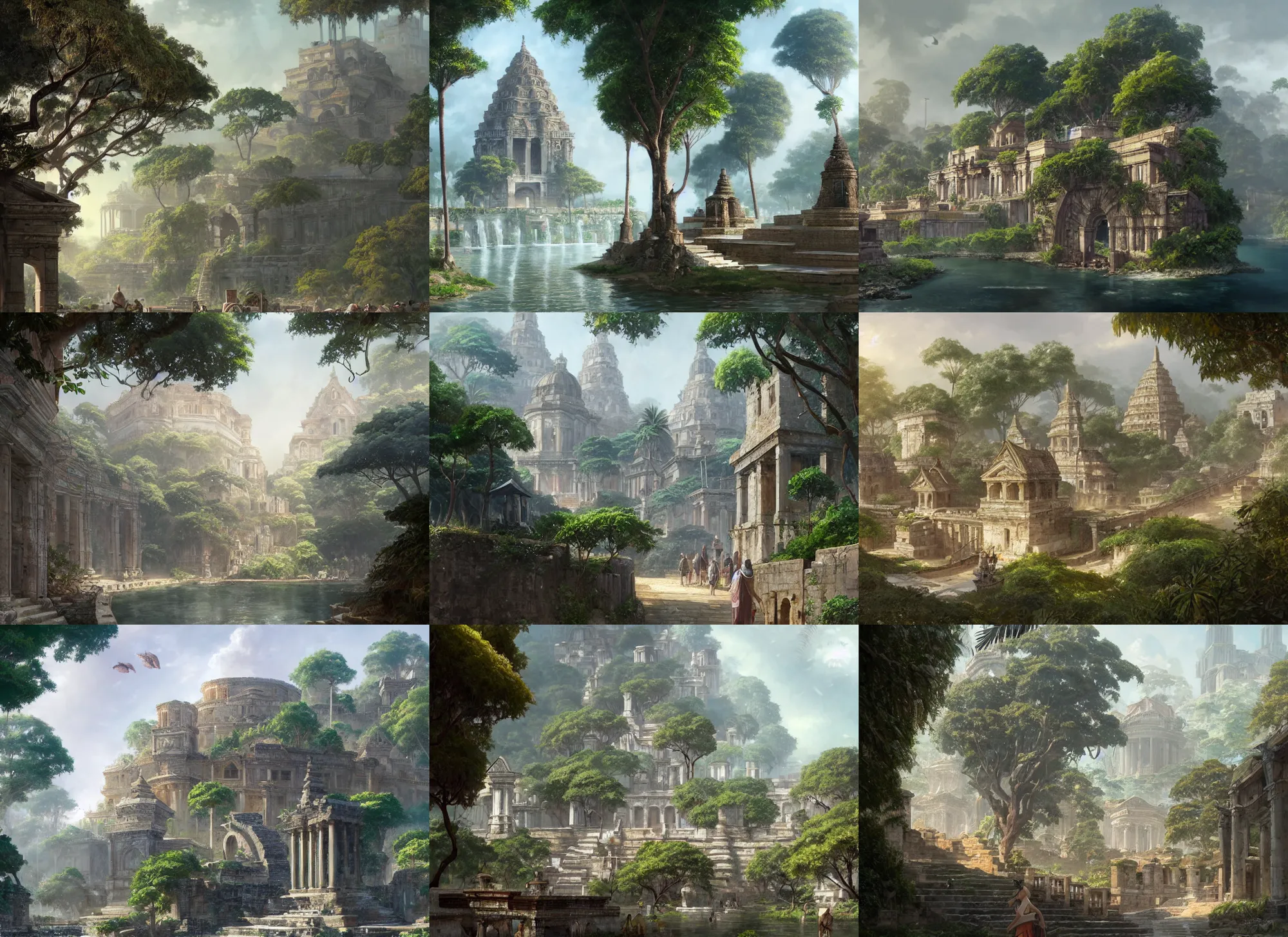 Prompt: Tyrona, Bustling coastal walled ancient city with Roman and Southeast Asian architecture surrounded by lush tropical jungle, anime, lush trees, fountain, a fantasy digital painting by Greg Rutkowski and James Gurney, trending on Artstation, highly detailed