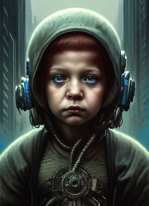 Image similar to closeup portrait shot of a cyberpunk child in a scenic dystopian environment, intricate, elegant, highly detailed, centered, digital painting, artstation, concept art, smooth, sharp focus, illustration, artgerm, tomasz alen kopera, peter mohrbacher, donato giancola, joseph christian leyendecker, wlop, boris vallejo