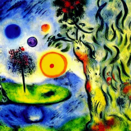 Prompt: painting of a lush natural scene on an alien planet by marc chagall. beautiful landscape. weird vegetation. cliffs and water.