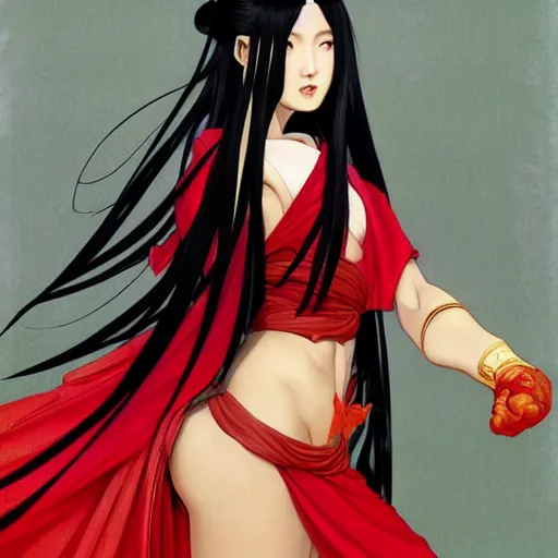 Prompt: muscular female fighting shrine maiden miko with long flowing black hair wearing a red hakama over a black leotard, intricate, highly detailed, digital painting, artstation, concept art, smooth, sharp focus, illustration, art by artgerm and greg rutkowski, alphonse mucha, toni infante, frank frazetta