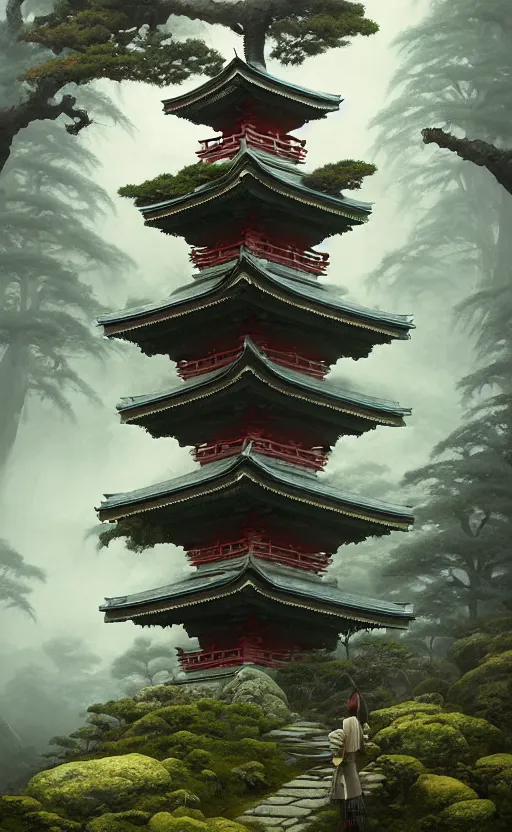 Image similar to japanese style shrine on top of a misty mountain overgrown, hyper realistic, lush gnarly plants, 8 k, denoised, by greg rutkowski, tom bagshaw, james gurney cinematic lighting