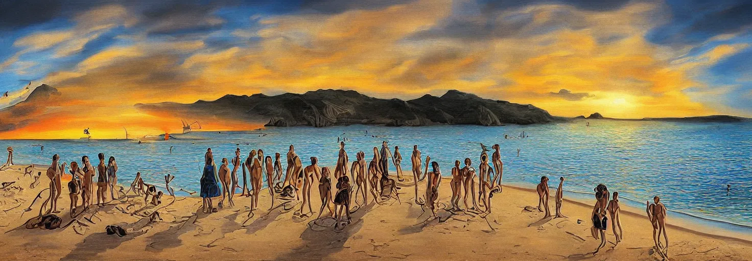 Image similar to People in beach by Salvador Dali and Bob Ross collaboration, mural, sun set, digital art, high details