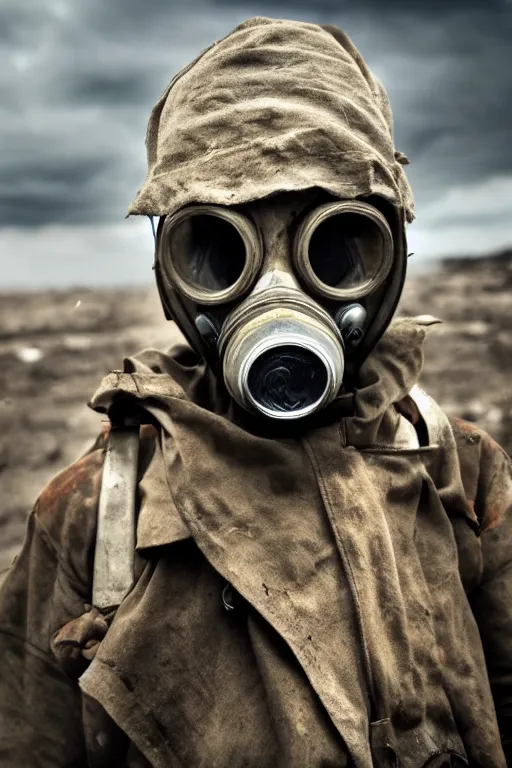 Image similar to an award winning portrait photo of a person wearing a gas mask and hard helmet, postapocalyptic, 4 k, high quality, sharp focus