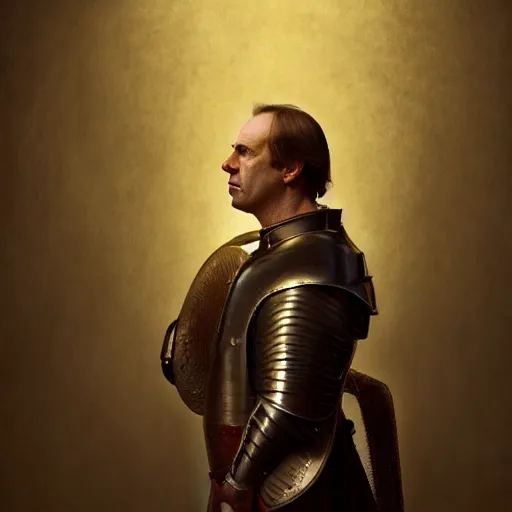 Prompt: saul goodman in plate armor, medieval renaissance painting cinematic realistic dramatic lighting