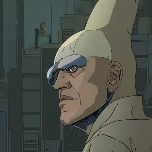 Image similar to Batou looking at camera in the style Ghost in the shell. Moebius, cyberpunk, masterpiece