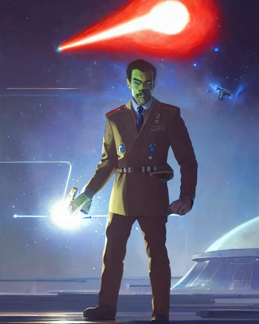 Image similar to gigachad luigi firing a laser cannon like ernest khalimov wearing a suit in the space lab, fantasy character portrait, ultra realistic, anime key visual, concept art, intricate details, highly detailed by greg rutkowski, ilya kuvshinov, gaston bussiere, craig mullins, simon bisley