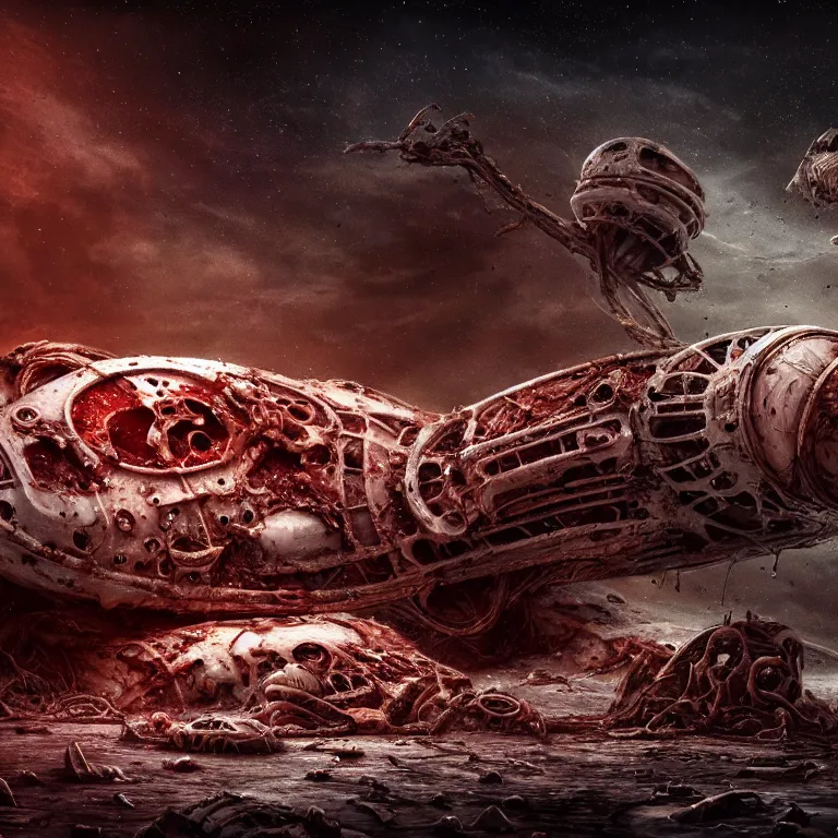 Image similar to ribbed abandoned biomechanical organic crashed spaceman astronaut spaceship on exoplanet at night, in a desolate empty wasteland, covered with organic flesh, meat, creepy, nightmare, dream-like heavy atmosphere, surreal abandoned buildings, baroque painting, beautiful detailed intricate insanely detailed octane render trending on Artstation, 8K artistic photography, photorealistic, chiaroscuro, cinematic volumetric light, Raphael, Caravaggio, Beksinski, Giger