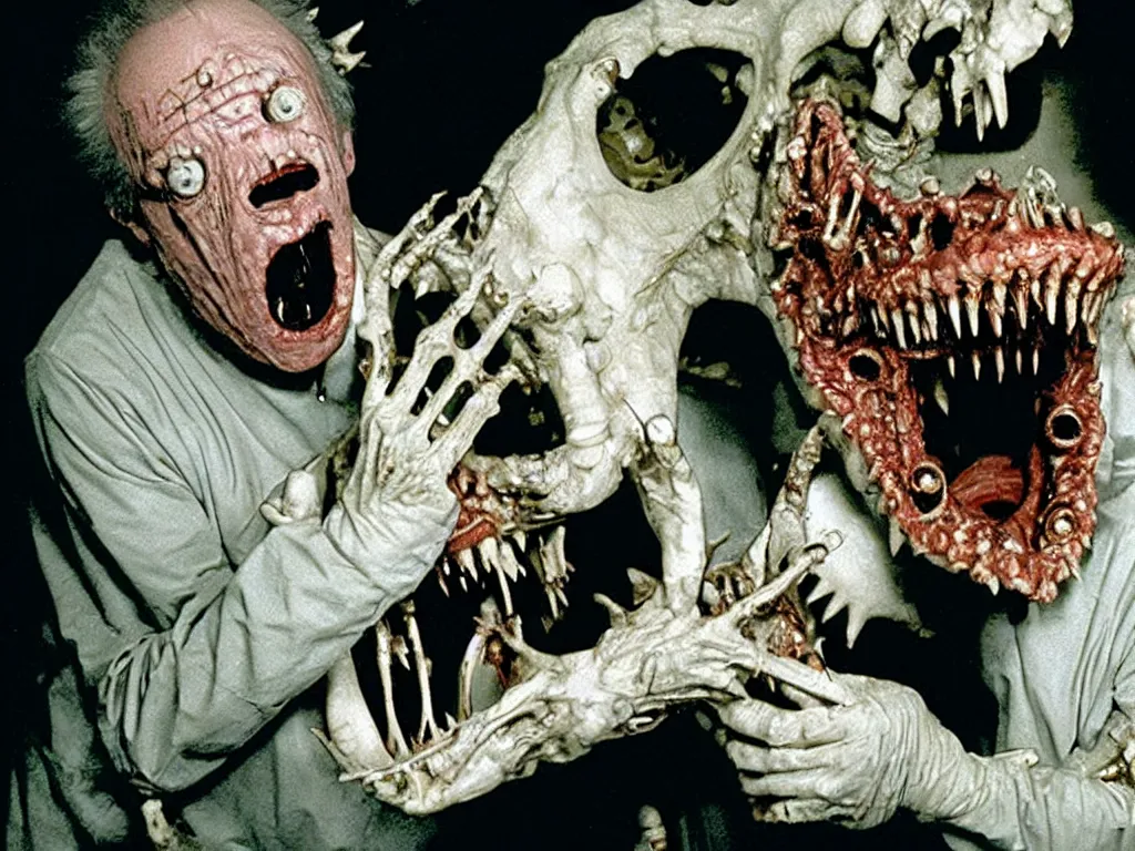 Image similar to movie still b - grade horror film budget production dentist wearing a facemask drilling the teeth of a very scary dangerous biomechanical crocodile creature made of bone, bulging wide eyes, wes craven stanley kubrick david cronenberg george a romero guillermo del toro sharp focus