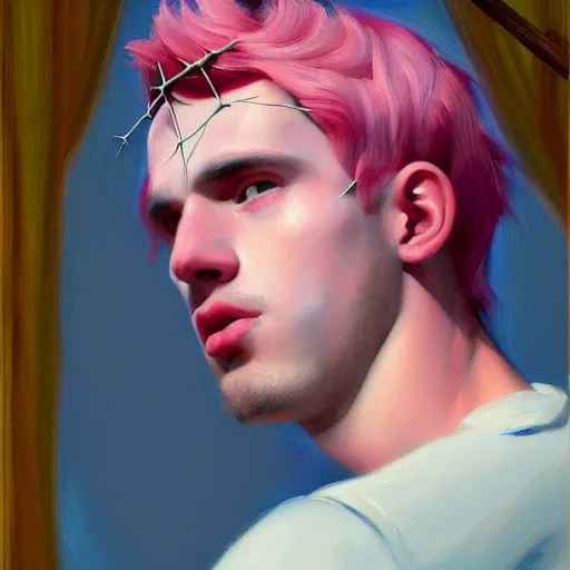 Prompt: A beautiful close-up of a young man with pink hair and a crown of thorns, digital art by Edward Hopper, vibrant color scheme, highly detailed, in the style of romanticism, fine Art, high detail, great lighting, 8k resolution, masterpiece, concept art, illustration, clear eyes, soft lighting, soft details, painting oil on canvas, octane render, HDR, trending on artstation, 4k, 8k, HD