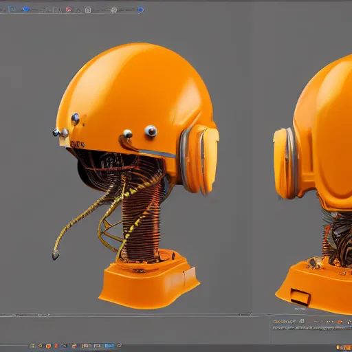 Image similar to hyper detailed boxcutter hard surface modelling rear view of yellow orange and gold astronaut helmet, arstation, cables wires, heart symbols, unreal engine 5