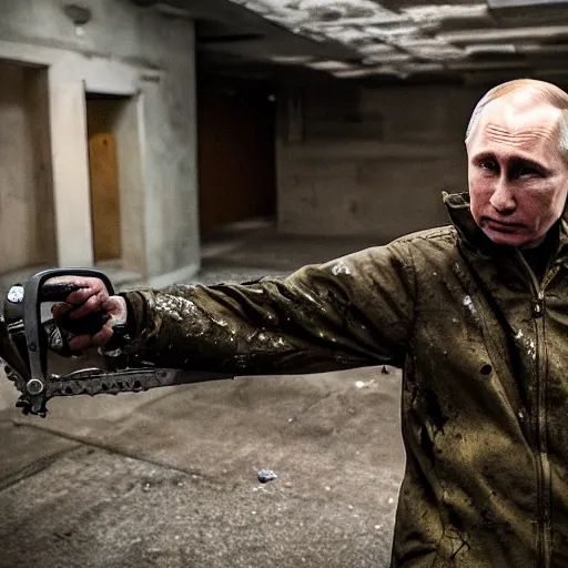 Image similar to putin with a chainsaw. in a concrete bunker with a pile of corpses. focus on putins face with blood splatters. canon eos r 3, f / 1. 4, iso 1 6 0 0, 1 / 8 0 s, 8 k, raw, grainy